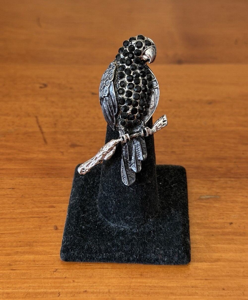Parrot Cockatoo Rhinestone Stretch Cocktail Ring Silver Tone Black Statement